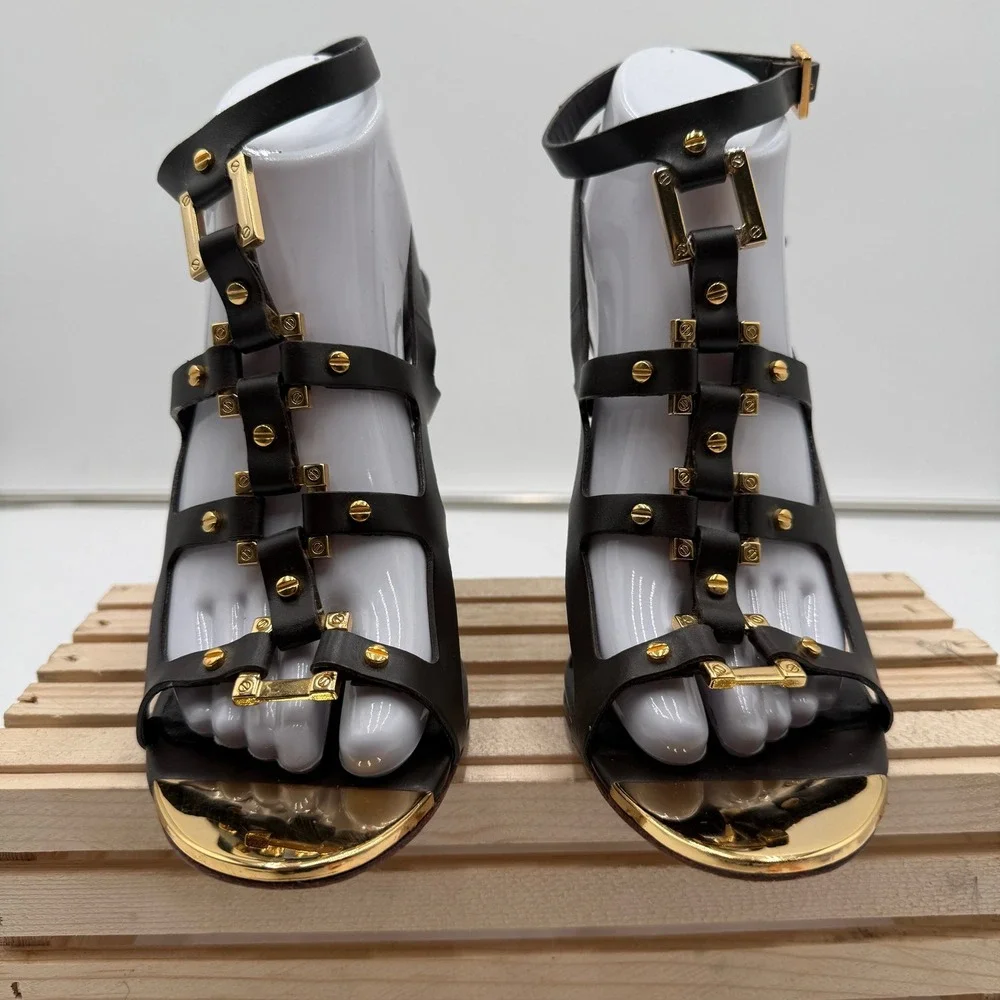 Tory Burch Francesca Gladiator Heels Double Buckle Leather Brown Gold Women 9M